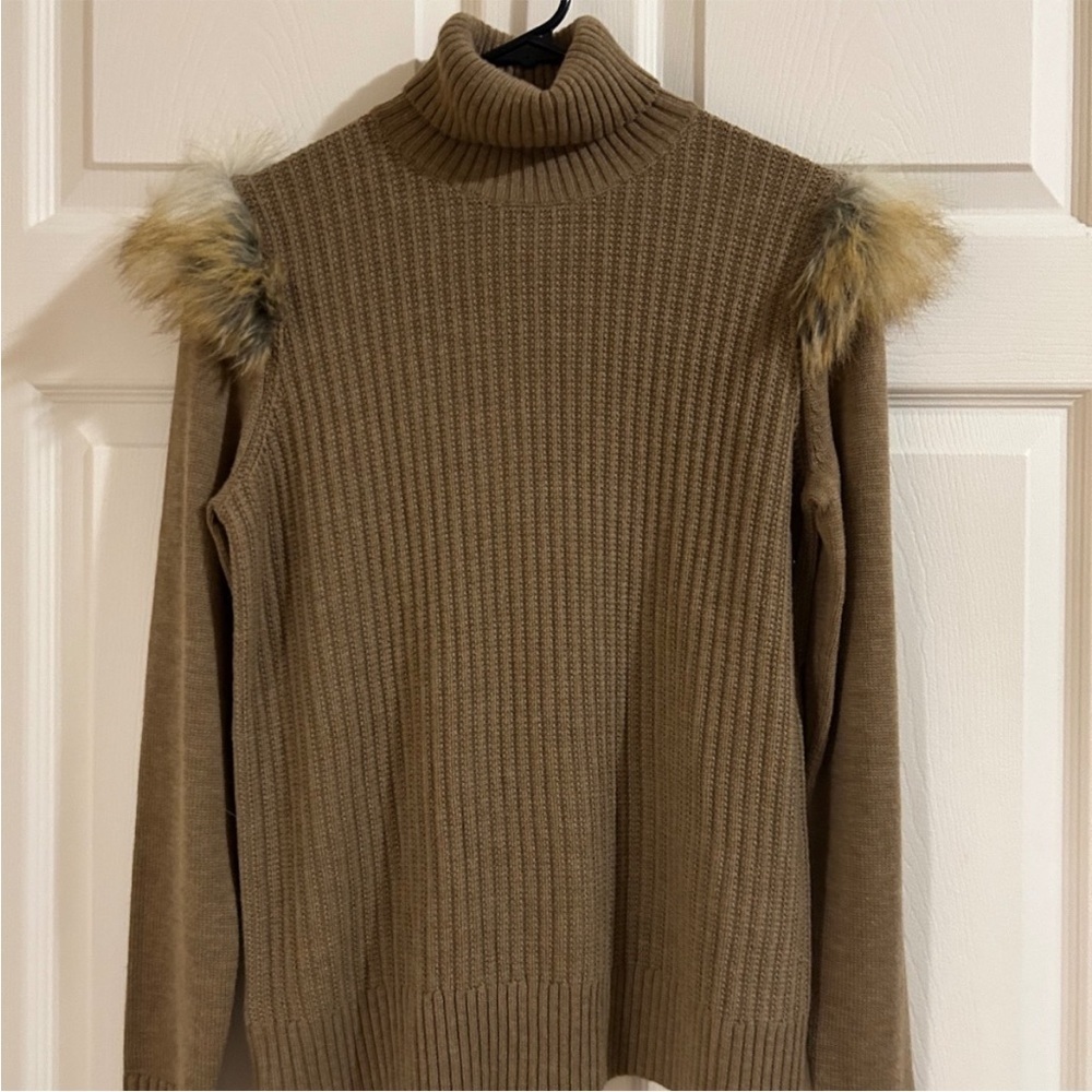 Women's Tan Sweater with Faux Fur Accents Tunic Style